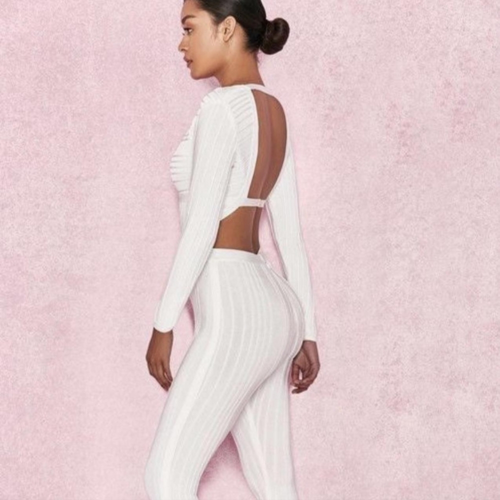 House of CB Arya White Long Sleeve Plunge Neck Stretch Texture Pant Jumpsuit- S - Picture 2 of 14